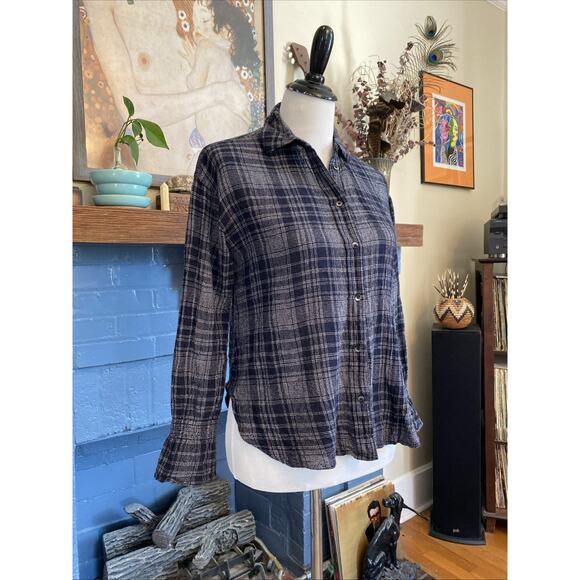 Madewell S Oversized Navy Blue White Plaid Wool Blend Flannel Button Down Shirt - Picture 2 of 12